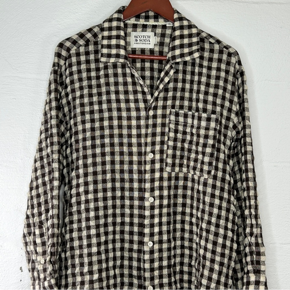 SCOTCH & SODA Men's Shirt Large Plaid Seersucker Brown Cream Check Button Down